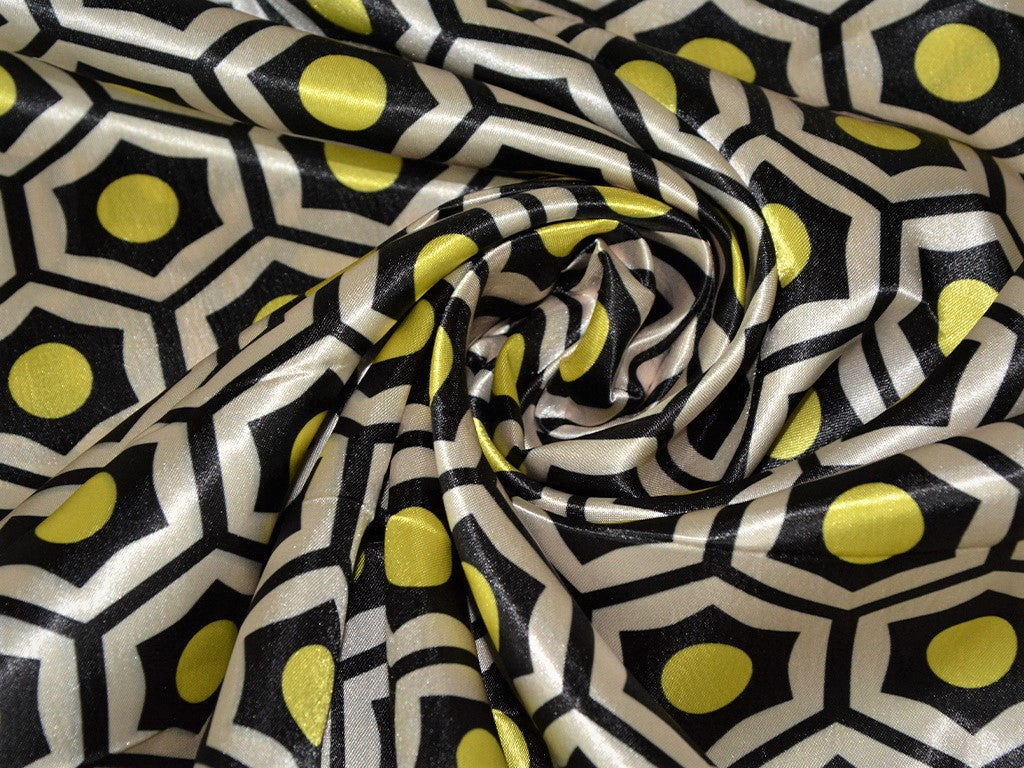 Honey Yellow Black Geometric Printed Satin Fabric