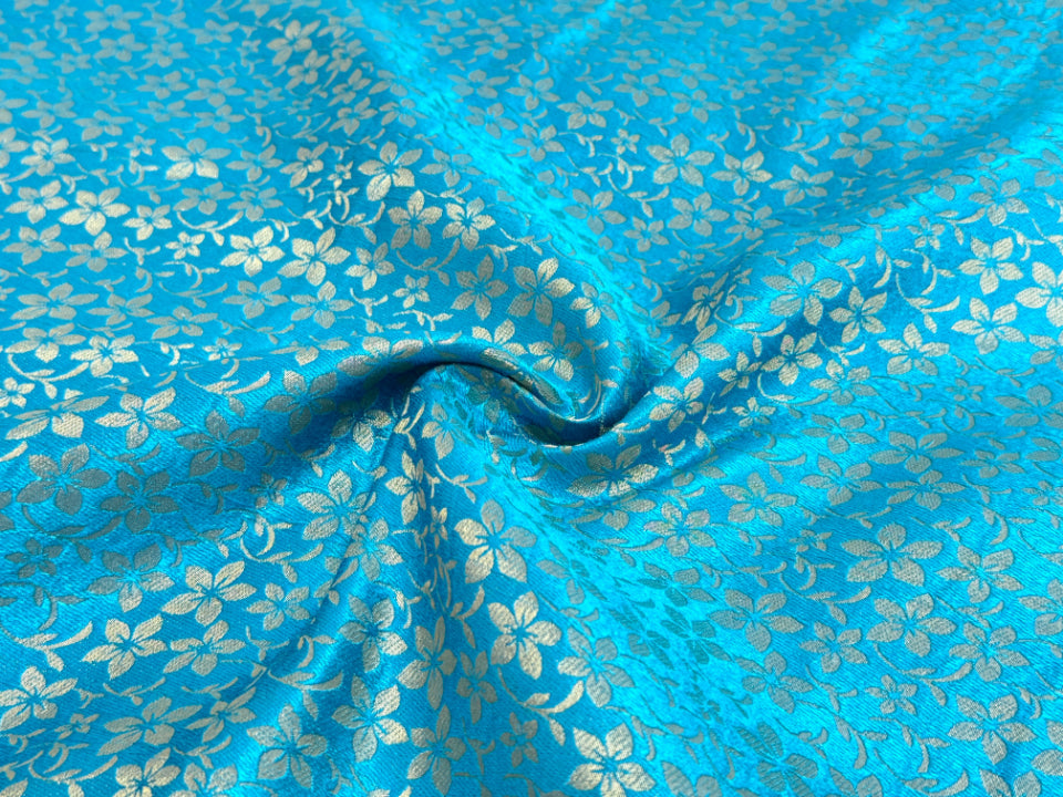 Sky Blue Floral Semi Banarasi Brocade Fabric