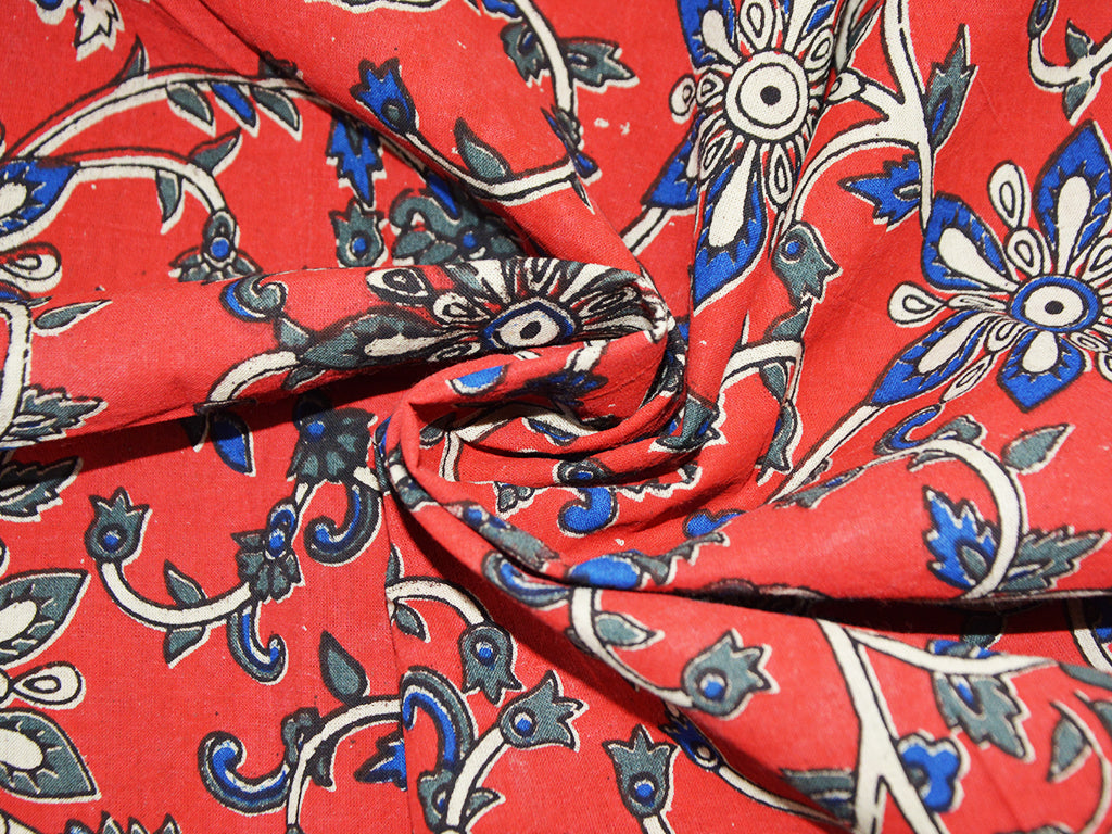 Precut of 1 Meter Red Floral Pure Cotton Kalamkari Fabric