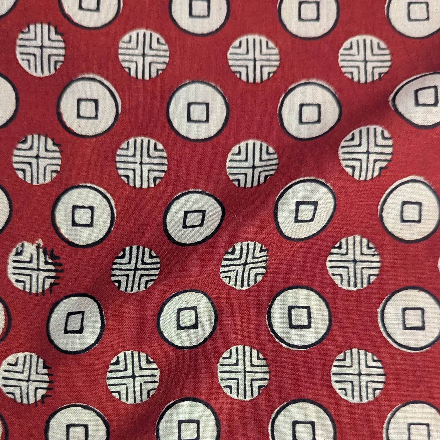 Precut Rust Red & Ivory Circular Motif Hand Block Printed Cotton Fabric